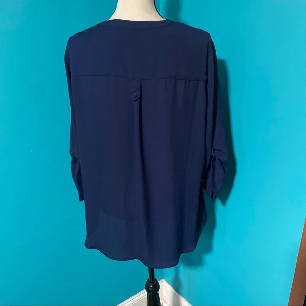 [E] Torrid 1X Solid Navy Blue Harper Georgette Pullover 3/4 Sleeve Blouse - Picture 5 of 6